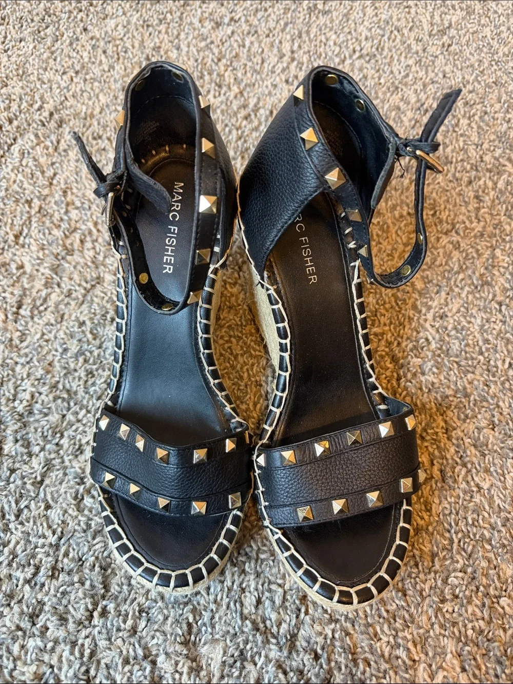 Marc Fisher Kegan Black Studded Espadrille Wedge Sandals